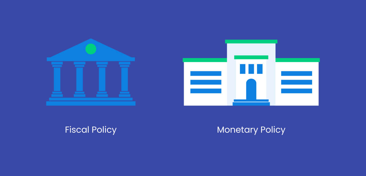 Monetary And Fiscal Policies In Forex — Illustration showing two government buildings side by side, representing economic concepts.