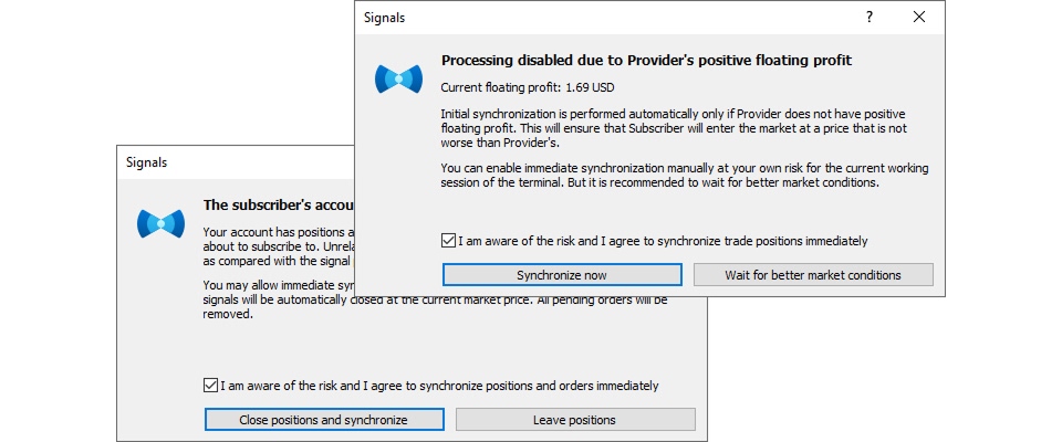 A  MetaTrader warning pop-up stating “Processing disabled due to Provider’s positive floating profit.