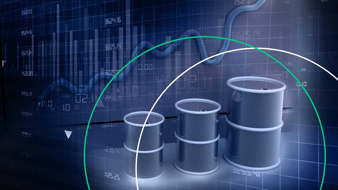 Oil Trading: How to Trade Oil Spot Prices, Options, and Futures, illustrated by a digital illustration of oil barrels in front of a financial chart background.
