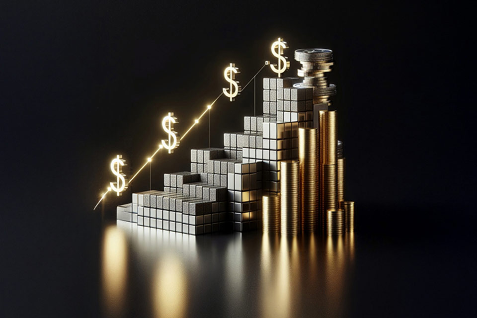 A financial growth concept with ascending stacked cubes and gold coins, illustrating Forex Week Ahead Analysis: 10th February.