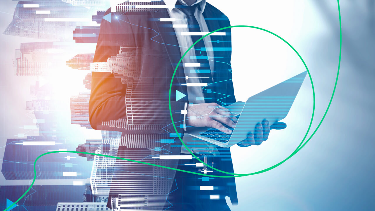 Top 10 Trading Indicators Every Forex Trader Should Know, illustrated by a businessman using a laptop with an overlay of financial charts and cityscape buildings in the background.