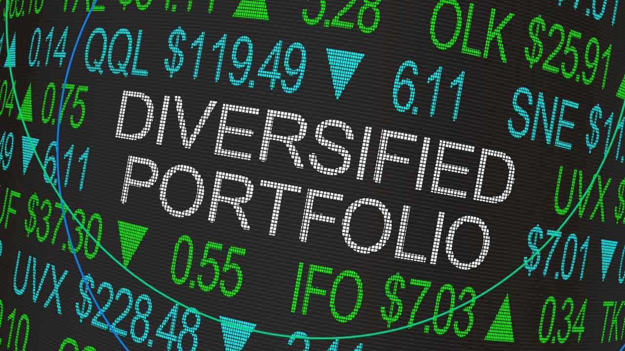a digital stock ticker display showing the phrase "DIVERSIFIED PORTFOLIO" in bold white text at the center