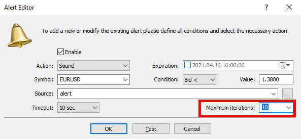 the 'Alert Editor' window from a trading platform.