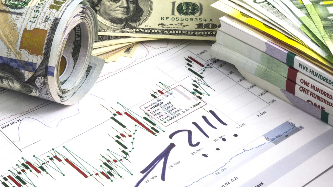 a financial trading chart with candlestick patterns, a handwritten upward arrow and exclamation marks