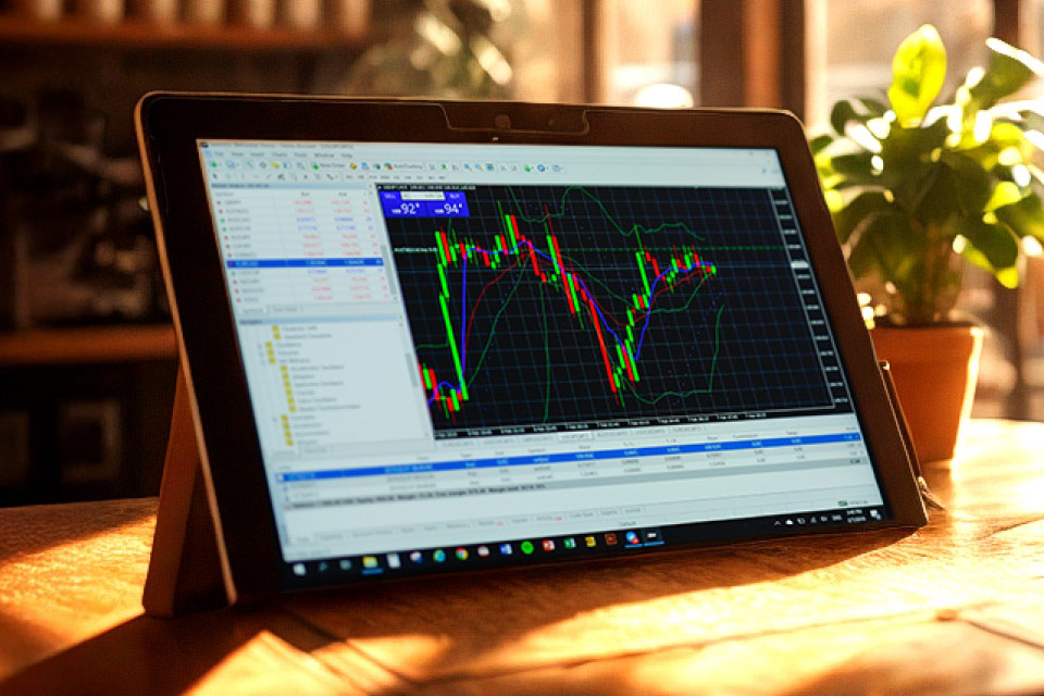 tablet displaying technical analysis charts on MT5 trading platform