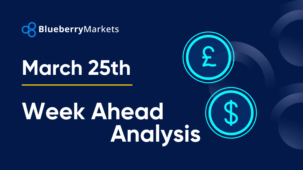 Navigating the Forex Markets: A Quieter Week Ahead, illustrated by an image with the text "Blueberry Markets March 25th Week Ahead Analysis".