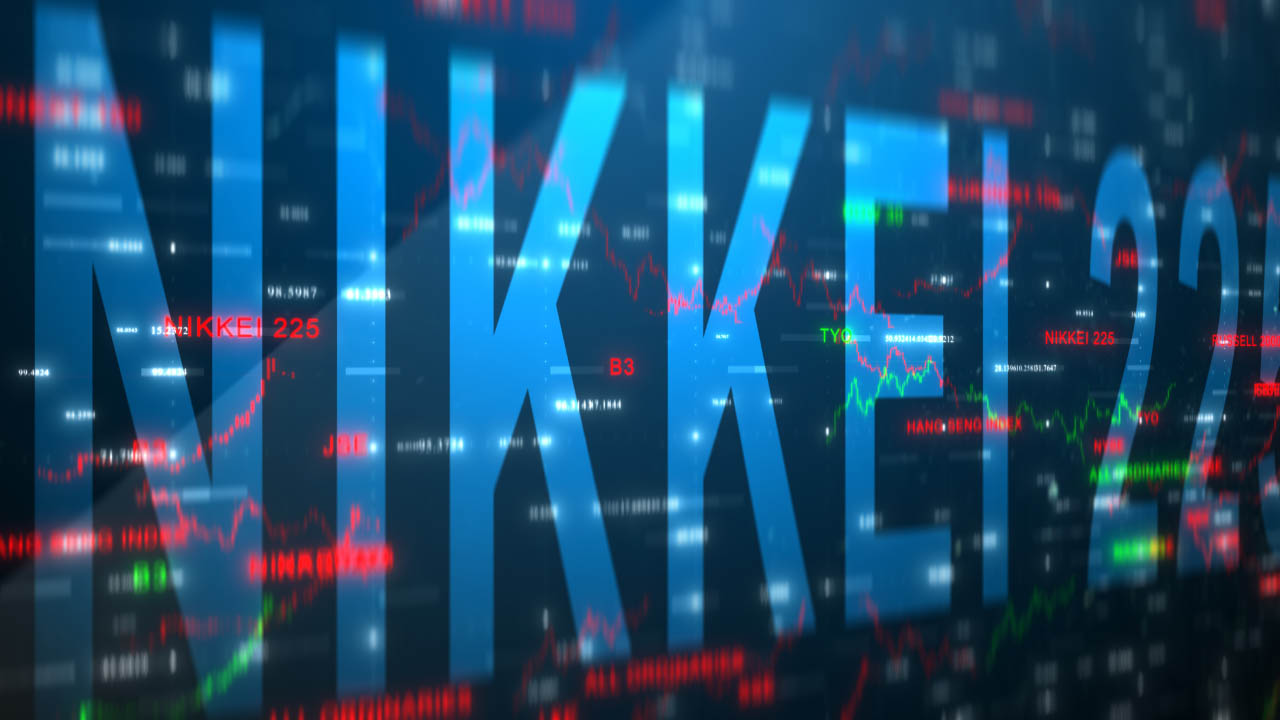 The Ultimate Guide to The Tokyo Stock Exchange, illustrated by a digital display of stock market data with large text 'NIKKEI 225' overlaid, featuring red and green trading graphs.