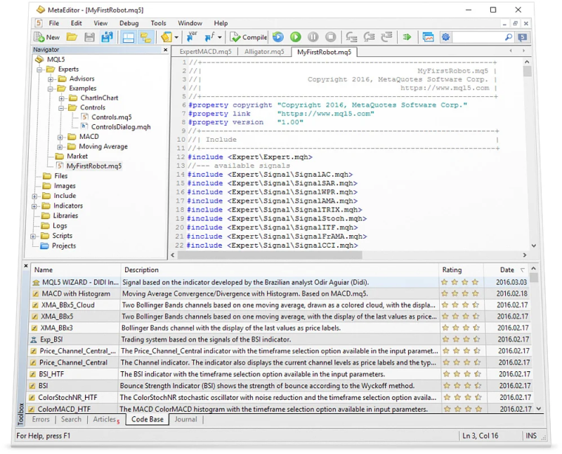 A screenshot of MetaEditor displaying a coding interface for a file named MyFirstRobot.mq5.