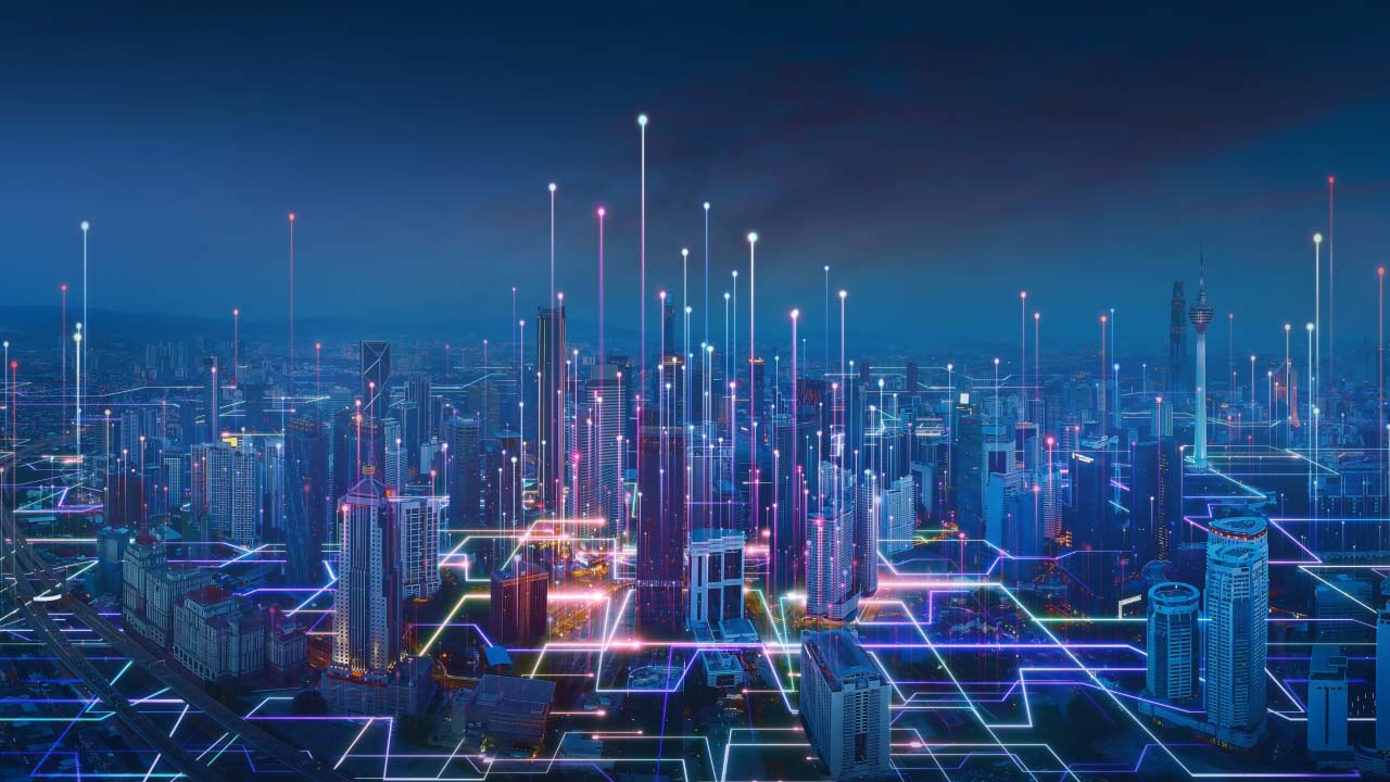 What is the best setup for trading? A futuristic cityscape with glowing digital grid lines and data streams, symbolizing advanced trading infrastructure and market connectivity.
