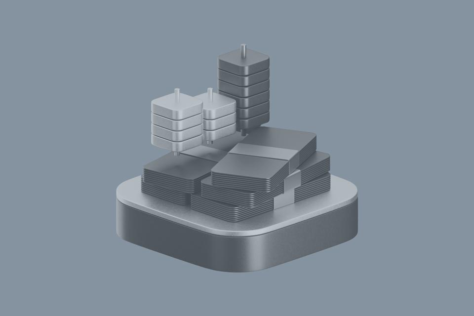 3D metallic representation of stacked rectangular shapes and pillars
