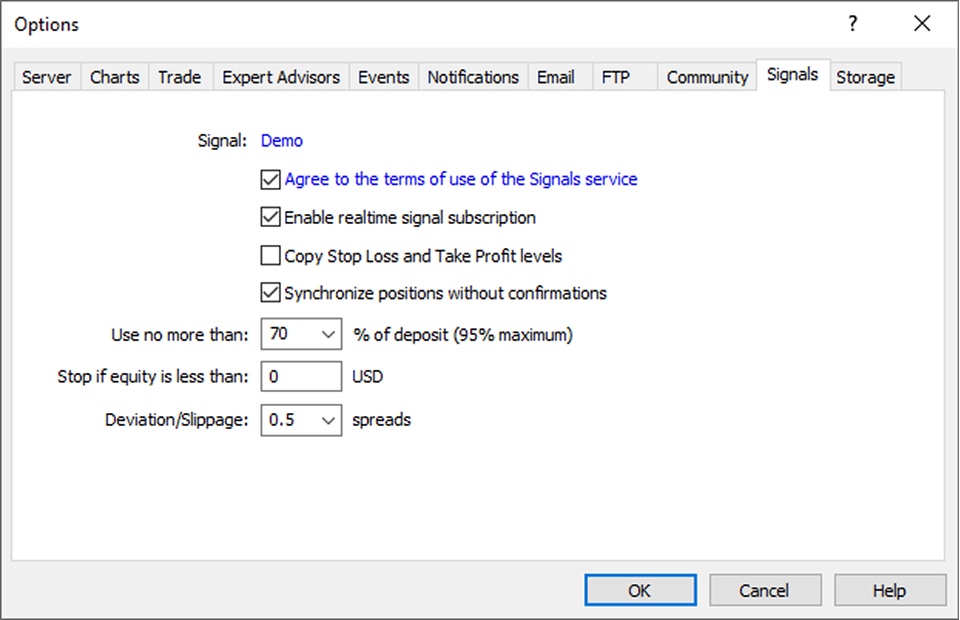A configuration window from the "Options" section in MetaTrader, specifically under the "Signals" tab.