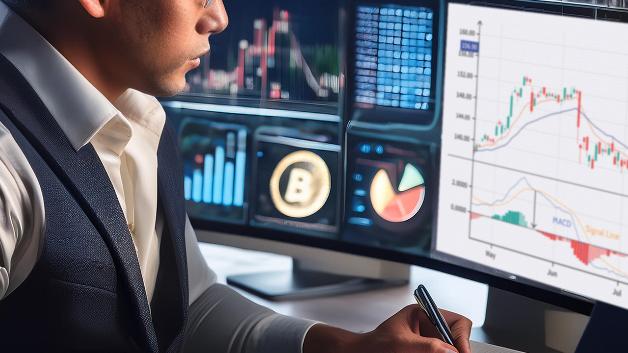 Trader analyzing multiple charts on monitors, featuring MACD, moving averages, and other key indicators for swing trading.