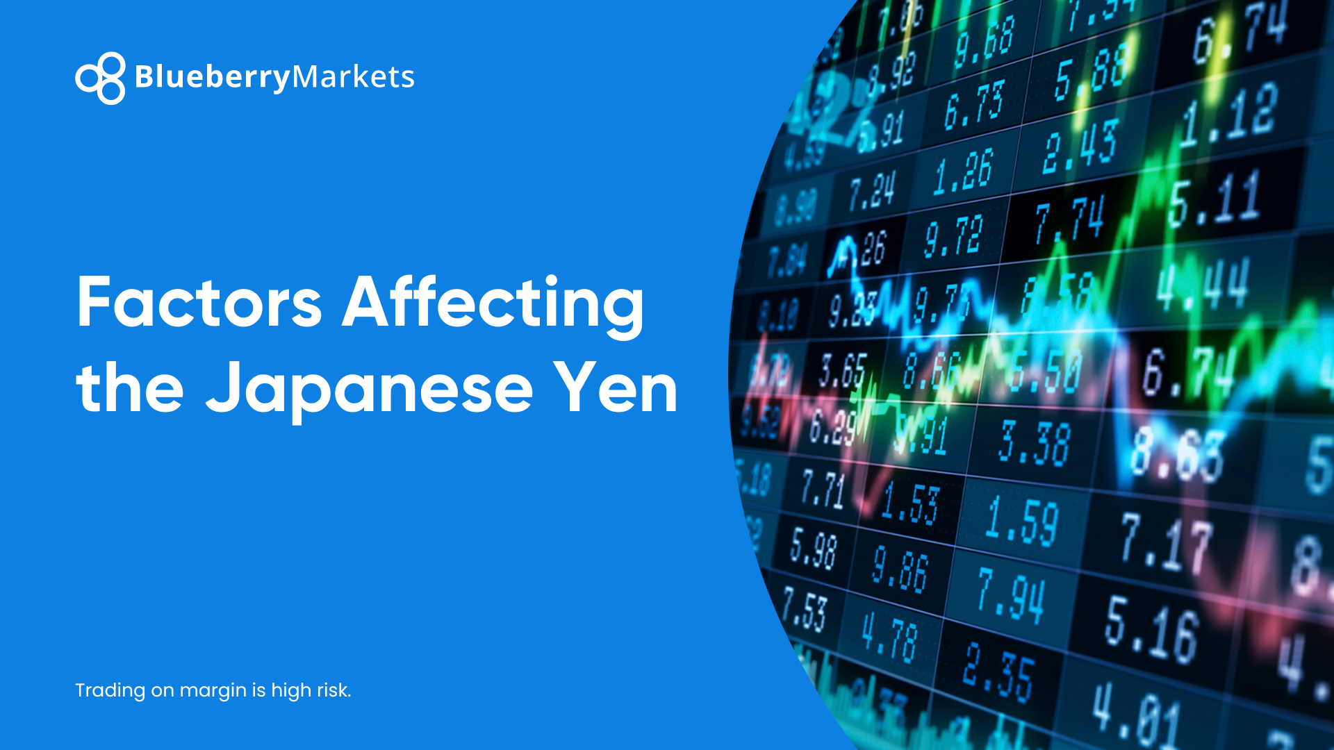 Blueberry Markets slide titled "Factors Affecting the Japanese Yen," featuring a background of a digital stock market display with fluctuating numbers and colorful candlestick and line charts