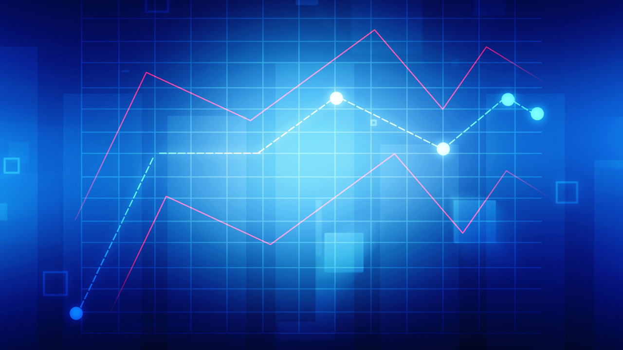 abstract financial chart showing a central trend line with two parallel red lines forming a Raff Regression Channel against a blue grid background, illustrating the concept of the Raff Channel Indicator.