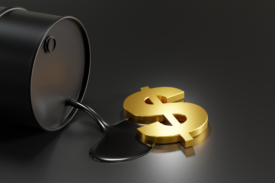 What is the Petrodollar? A black oil barrel pouring crude oil onto a golden dollar sign, symbolizing the relationship between oil trading and the U.S. dollar in global markets.
