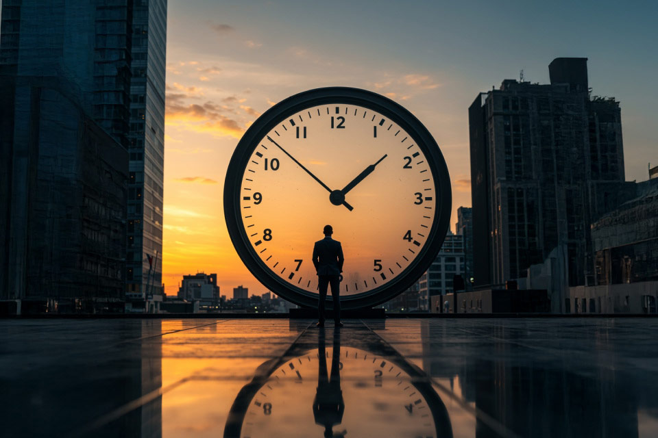 a silhouetted man in a suit stands in front of a massive clock