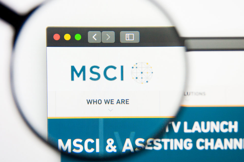 Trading Opportunities in the MSCI Emerging Markets Index, illustrated by a magnified view of the MSCI website.
