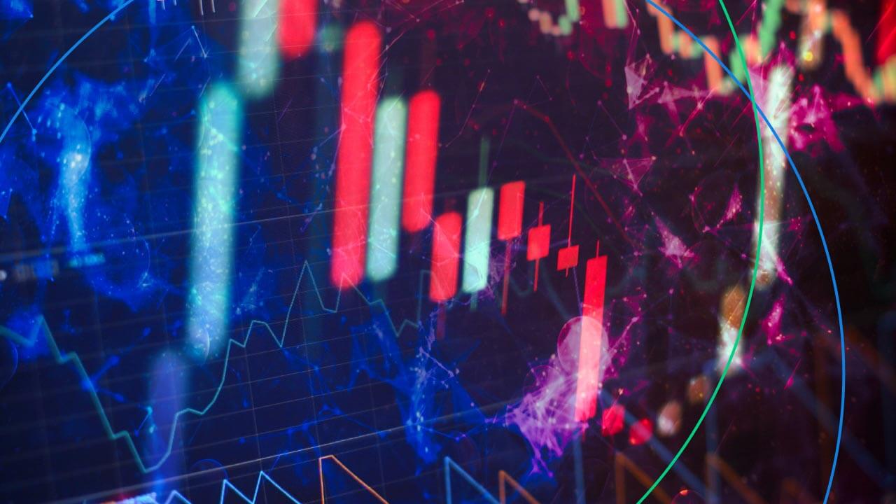 a digital abstract image showing a colorful financial trading chart with red and green candlesticks