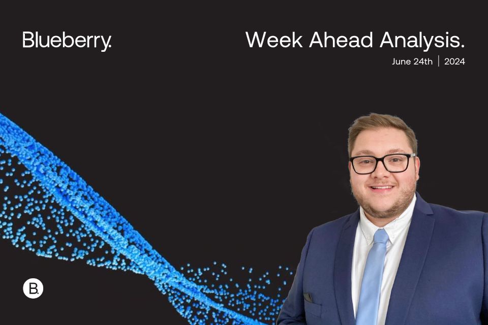a  financial analysis graphic titled "Weekly Forex Trading Ideas: 24th June" featuring a blueberry illustration, symbolizing fresh insights. The text "Week Ahead Analysis" and the date "June 24th | 2024" are prominently displayed, offering a preview of key forex trading opportunities for the week.