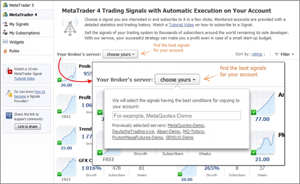 Screenshot of the MetaTrader 4 trading signals interface showing how to select your broker's server to find the best signals for your account.