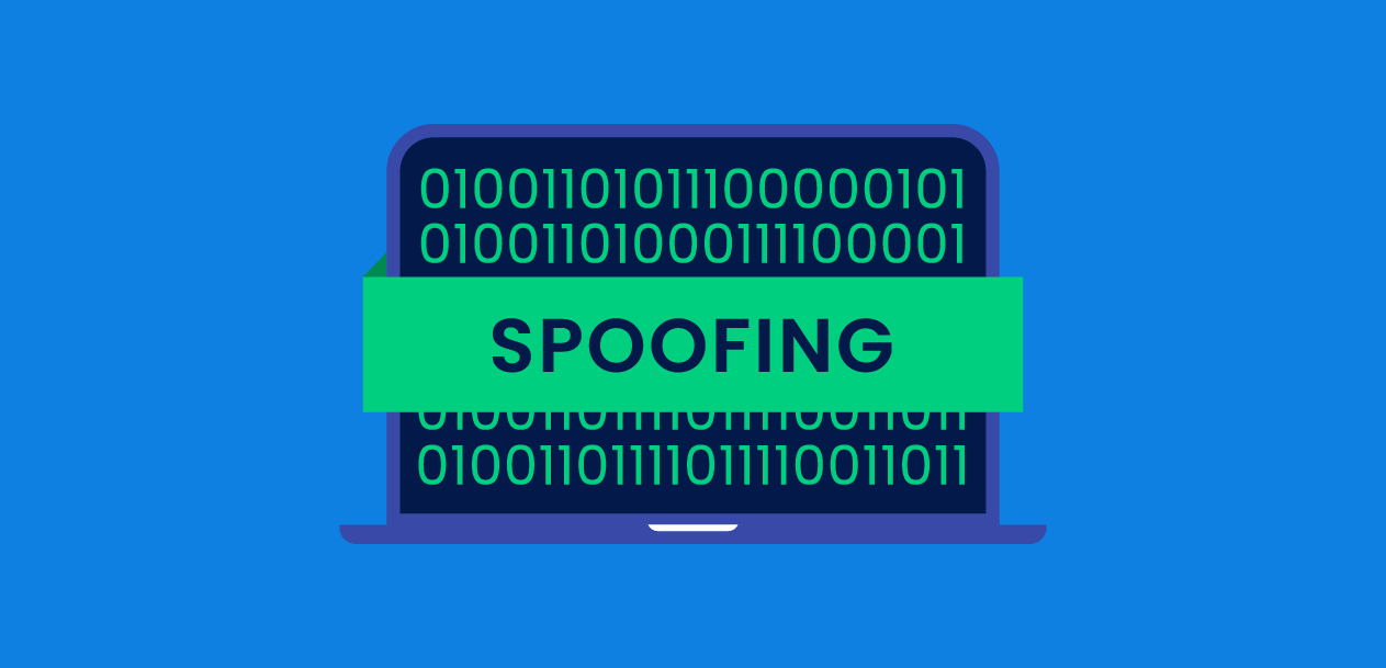 Spoofing In Forex Trading, illustrated by a laptop displaying a "spoofing" text with green codes in the background.