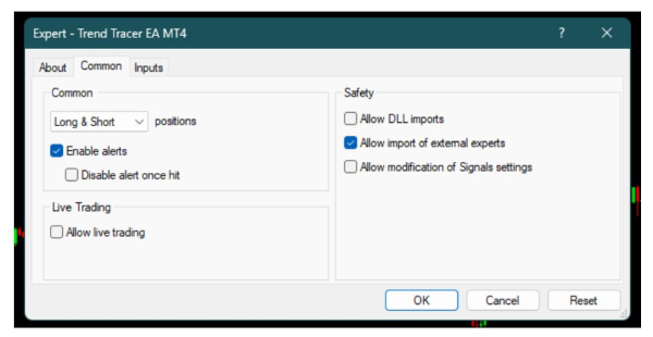 Aaof the "Expert - Trend Tracer EA MT4" settings window in MetaTrader 4.