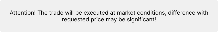 Warning message in MetaTrader stating that trades will be executed at market conditions and price differences may be significant.