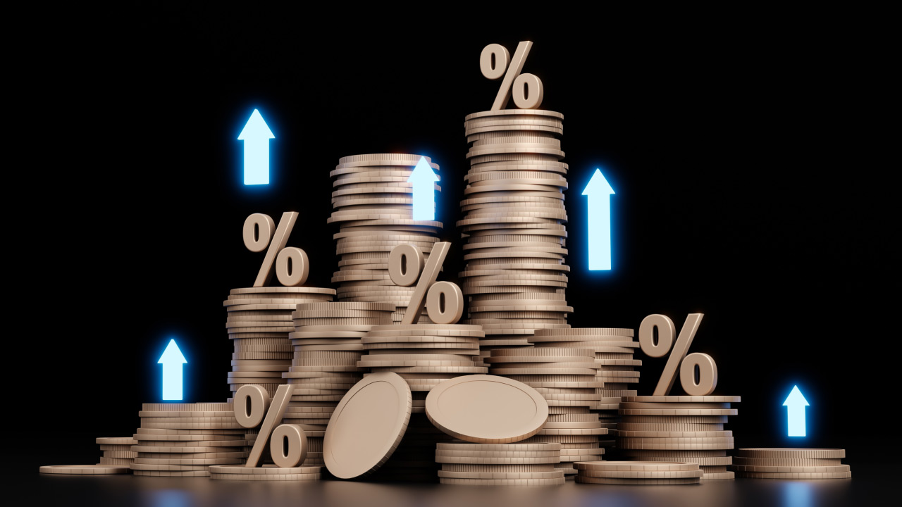 Stacks of coins with percentage symbols on top and glowing blue upward arrows, illustrating the concept of an Emerging Market.