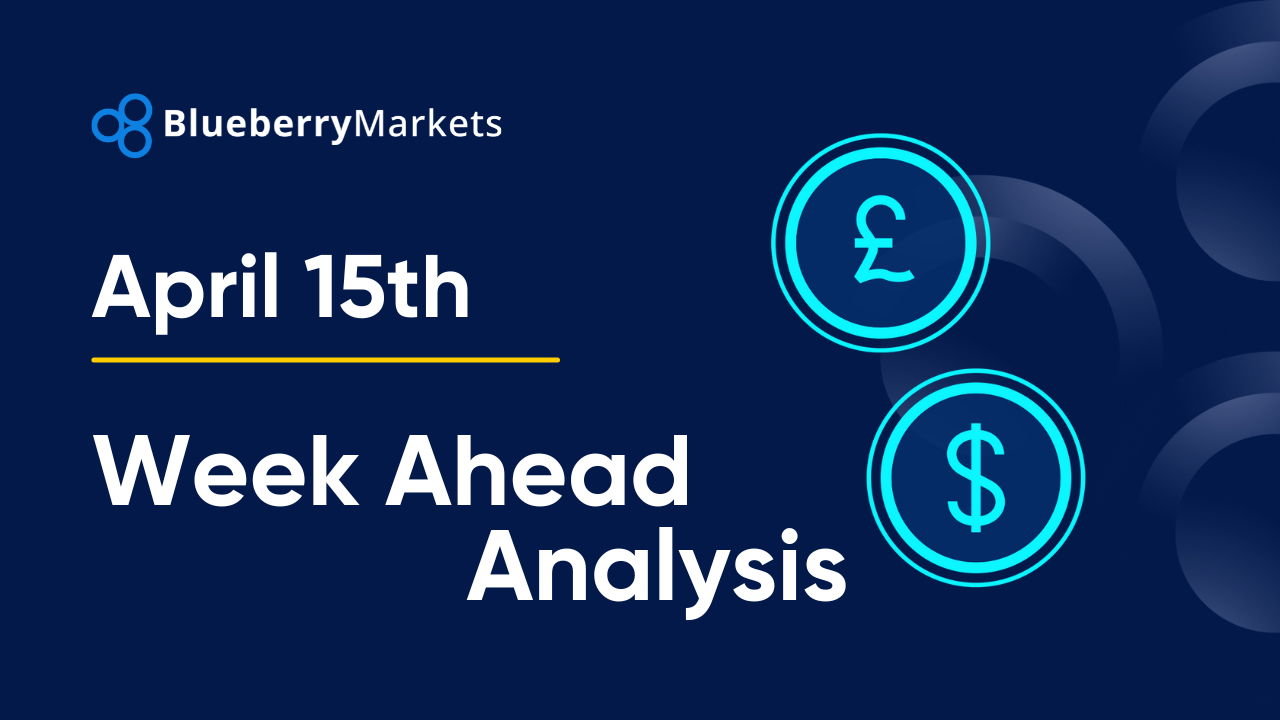 Promotional graphic from Blueberry Markets for a "Week Ahead Analysis" dated April 15th, illustrating Forex Week Ahead Analysis: 15th April.