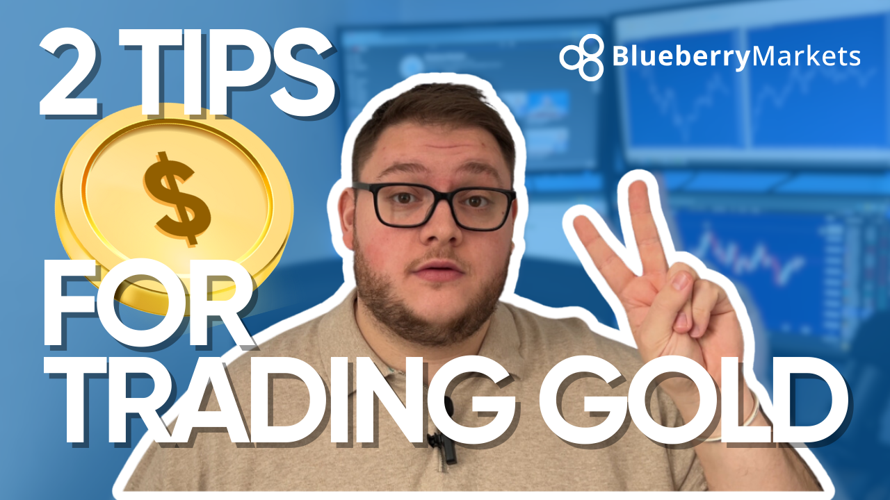 Tips For Trading Gold, illustrated by a gold coin and Jonathan Kibbler raising two fingers to represent two trading tips.