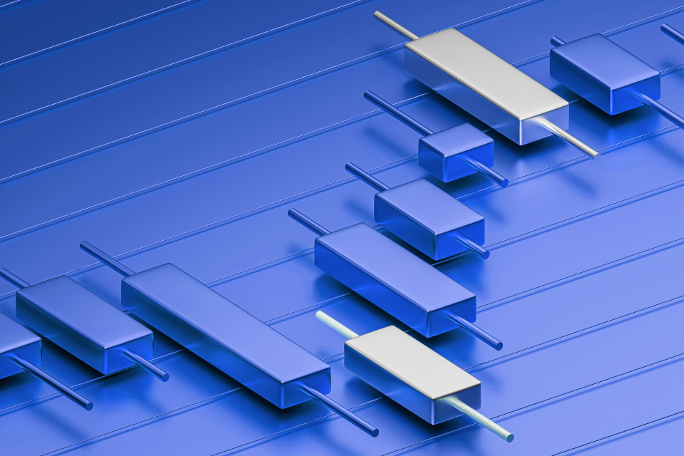 3D-rendered candlestick chart with metallic blue and silver bars, illustrating top advanced forex trading strategies you should know.