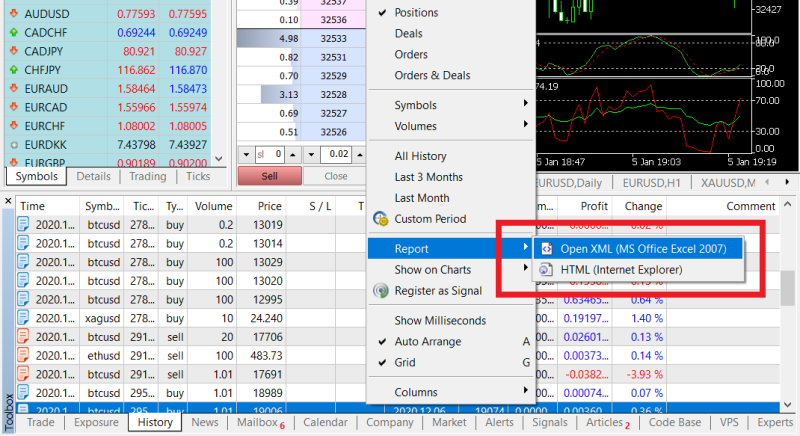 MetaTrader trading platform with the 'History' tab selected
