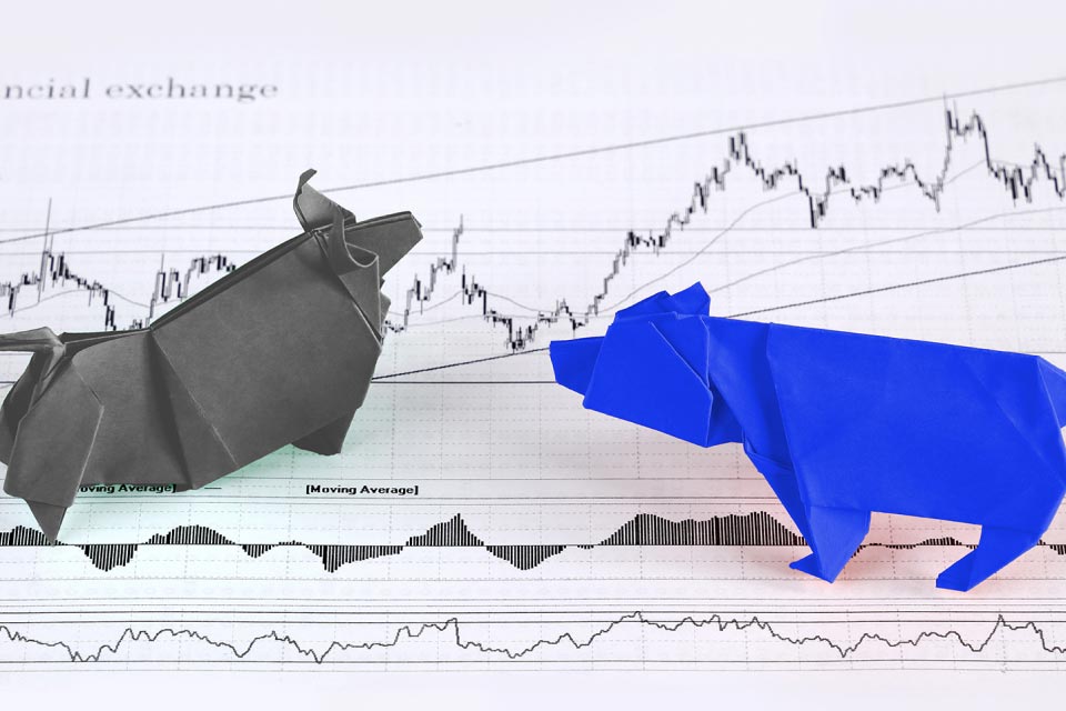Origami bull and bear figures standing on a paper with forex charts, symbolizing how to trade bullish and bearish divergences in currency markets.