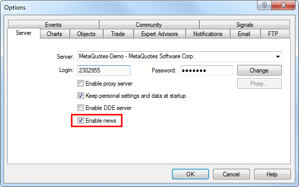 'Enable news' checkbox is ticked, indicating that financial news updates are enabled for the platform