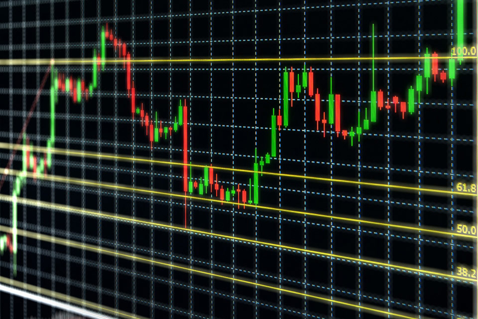 Financial trading chart displaying Fibonacci retracement levels with yellow grid lines, illustrating how to use Fibonacci retracement in forex trading.