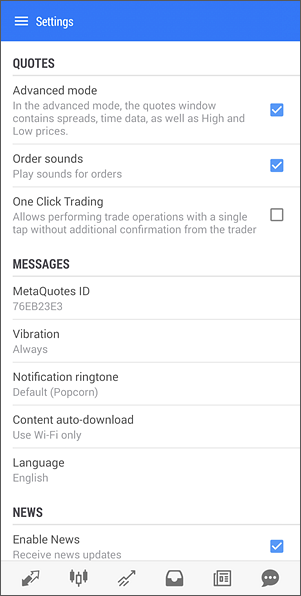 MetaTrader mobile app's settings menu