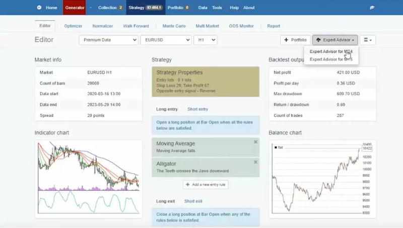 A screenshot of a trading strategy editor interface showing the market info.