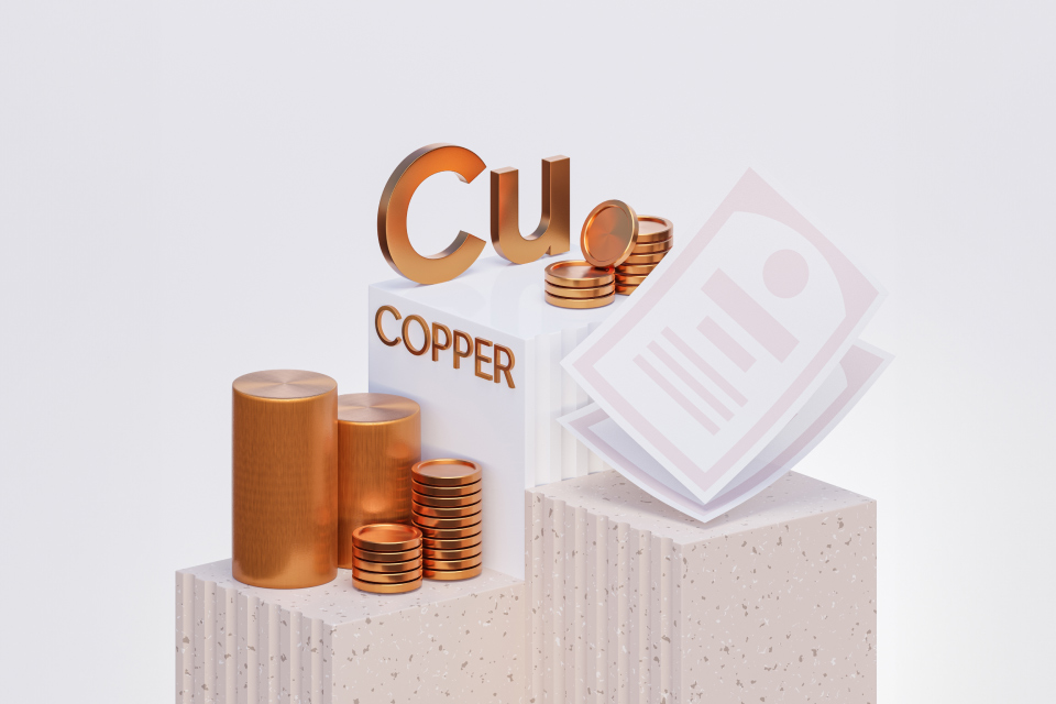 a 3D illustration of copper elements including cylindrical bars and stacked coins arranged on stone-like pedestals