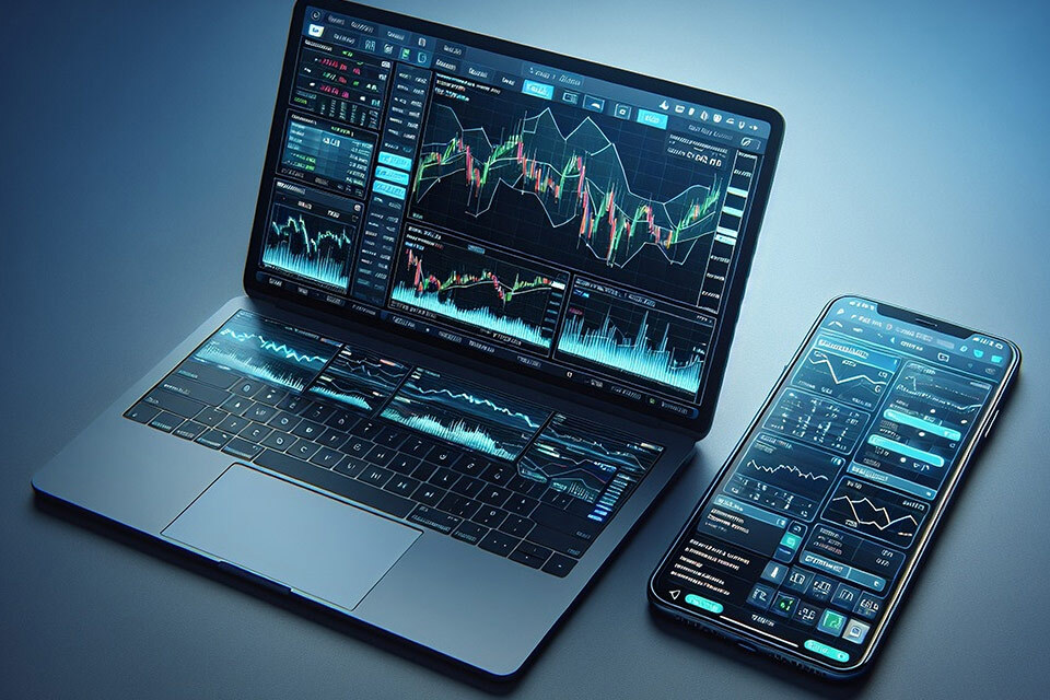 a laptop and smartphone displaying advanced trading charts and  indicators