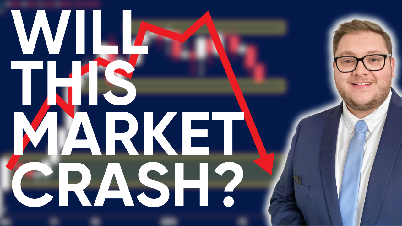 A man in a suit stands beside a bold headline "WILL THIS MARKET CRASH?" with a red downward arrow over a blurred candlestick chart, illustrating market concerns.