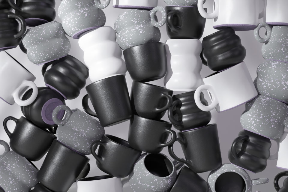 A creative arrangement of various uniquely shaped mugs, symbolizing the concept of identifying a cup and handle pattern in forex trading.