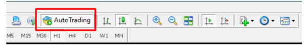 a screenshot of the toolbar in the MetaTrader trading platform. the "AutoTrading" button is highlighted with a red box.