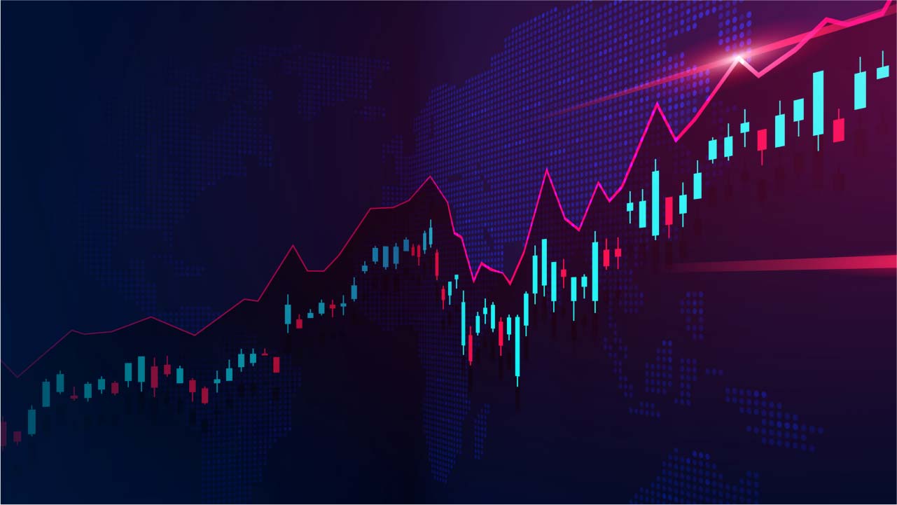 a stylized financial chart with glowing candlestick patterns and a bright pink trendline