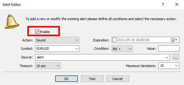 Alert Editor' window in MetaTrader with the 'Enable' checkbox highlighted.