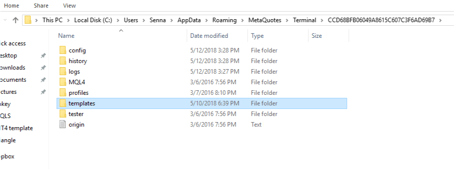 screenshot shows the MetaTrader 4 (MT4) data folder, specifically inside the Templates folder directory.
