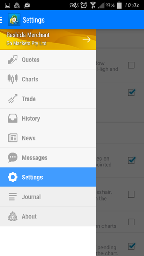 Mobile trading app side menu with user profile (Rashida Merchant, Go Markets Pty Ltd) and navigation options