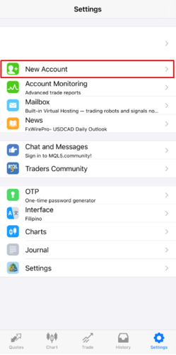 Mobile trading app settings screen showing different options