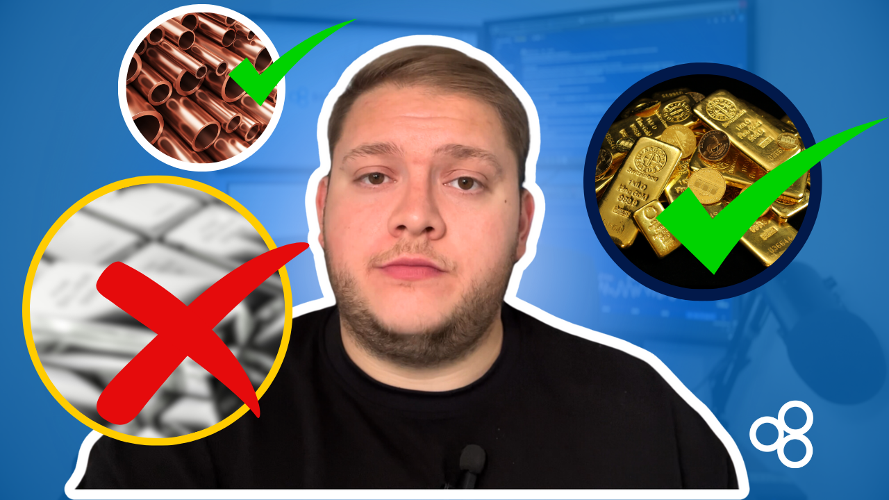 Why is silver the undervalued commodity? A financial analyst discusses commodity investments, with gold and copper marked as good investments and silver highlighted with a red cross, indicating its overlooked value.