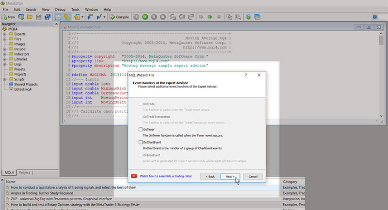 A screenshot of the MetaEditor platform showing the code for a Moving Average expert advisor.