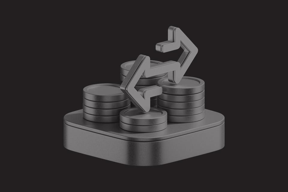 3D illustration of stacked coins with exchange arrows on a dark background, symbolizing support and resistance levels in forex trading.